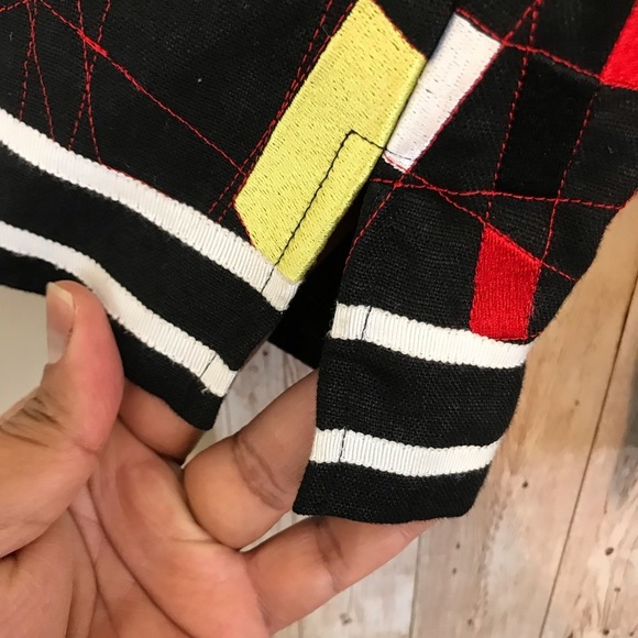 Linda Allard Ellen Tracy Black Embroidered Geometric  Linen Jacket - Picture 6 of 10